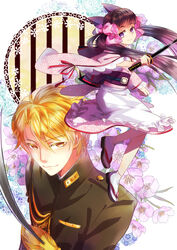  1boy agemaki_kei animal_ears black_hair blonde_hair bow commentary_request female flower fox_ears hair_ribbon japanese_clothes kimono long_hair military military_uniform nanaka2011 otome_youkai_zakuro photoshop_(medium) pink_bow purple_eyes ribbon smile sword twintails uniform very_long_hair weapon yellow_eyes zakuro_(otome_youkai_zakuro) 