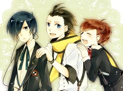  2boys black_hair blue_eyes blue_hair bow brown_hair closed_eyes commentary_request digital_media_player female gekkoukan_high_school_uniform hair_over_one_eye headphones mentaishi mochizuki_ryouji multiple_boys persona persona_3 persona_3_portable ribbon scarf school school_uniform shiomi_kotone short_hair smile suspenders uniform yuuki_makoto_(persona_3) 