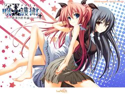  2girls akatsuki_no_goei barefoot black_hair blue_eyes bow brown_eyes dress jpeg_artifacts logo long_hair nanjou_kaoru nikaidoh_reika pink_hair seifuku summer_dress tomose_shunsaku twintails watermark 