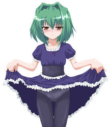  black_pantyhose blush clothes_lift commentary_request dress dress_lift female green_hair hayashiya_zankurou omamori_himari panties panties_under_pantyhose pantyhose red_eyes shizuku_(omamori_himari) short_hair solo underwear 