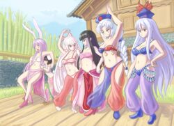  &gt;:( 6+girls abs animal_ears arabian_clothes armpits bare_arms belly belly_dancing blue_hair blunt_bangs blush blush_stickers bow bra breasts brown_hair commentary confused d: dancer eientei english_commentary eye_contact floppy_ears frown fujiwara_no_mokou full_body green_eyes hair_ribbon hairbow harem_outfit harem_pants hat highres hime_cut hip_focus houraisan_kaguya inaba_tewi jewelry kamishirasawa_keine long_hair long_skirt looking_at_another medium_breasts multicolored_hair multiple_girls navel open_mouth pants petite plump poking_belly pout profitshame purple_hair rabbit_ears rabbit_tail red_eyes reisen_udongein_inaba revision ribbon see-through short_hair skindentation skirt smile smirk smug streaked_hair surprised tail toned touhou transparent_harem_pants tress_ribbon underwear v-shaped_eyebrows very_long_hair white_hair yagokoro_eirin 