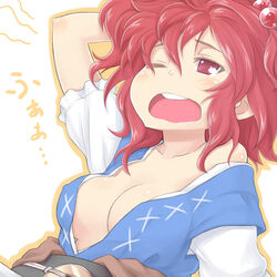  breasts cleavage commentary_request female hair_bobbles hair_ornament medium_breasts myonde one_eye_closed onozuka_komachi open_mouth red_eyes red_hair sleepy solo touhou two_side_up yawning 