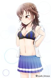  bad_id bad_pixiv_id black_bra blue_skirt bra breasts brown_eyes brown_hair cleavage cowboy_shot dress_shirt female groin high_school_fleet kuroki_hiromi long_hair medium_breasts pleated_skirt shirt skirt solo standing striped_bra striped_clothes twitter_username underwear undressing yuuki_noko_(kinoko_hanbaagu-tei) 