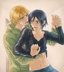  2boys black_hair blonde_hair blue_eyes blush brothers casual groping incest kousaka_kirino kousaka_kyousuke multiple_boys navel oerba_yun_fang open_mouth ore_no_imouto_ga_konna_ni_kawaii_wake_ga_nai pixiv_thumbnail resized rule_63 shirt_lift short_hair siblings simple_background sweat toryi yaoi 