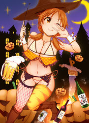  1boy 3e ;p alcohol ass_visible_through_thighs beer beer_can beer_mug bikini bikini_top_only boots bottle breasts brown_footwear brown_hat burning can castle cleavage closed_mouth commentary_request crescent_moon crucifixion cup drink_can female fire fishnet_thighhighs fishnets foreshortening frills garter_belt hair_tie halloween hat idolmaster idolmaster_cinderella_girls jack-o&#039;-lantern katagiri_sanae knee_boots large_breasts leg_up long_hair looking_at_viewer low_twintails moon mug navel one_eye_closed orange_ribbon outdoors p-head_producer photoshop_(medium) polka_dot producer_(idolmaster) pumpkin purple_sky ribbon side-tie_bikini_bottom sign sky smile sparkle standing standing_on_one_leg stomach striped_bikini striped_clothes swimsuit tareme thighhighs thighhighs_under_boots tongue tongue_out tree twintails v witch_hat wrist_cuffs yellow_legwear 