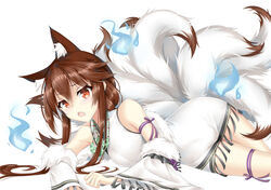  animal_ears blue_fire blush chinese_clothes chinese_commentary commentary_request detached_sleeves female fire fox_ears fox_tail fur_trim girls&#039;_frontline hair_between_eyes highres jewelry long_hair looking_at_viewer lying multiple_tails necklace official_alternate_costume on_side open_mouth tail type_79_(girls&#039;_frontline) type_79_(nine-tail_fox)_(girls&#039;_frontline) xin_(zinc) 