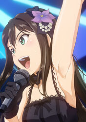  :d arm_up armpit_stubble armpits bare_shoulders black_gloves black_gothic_dress_(idolmaster) commentary_request enfuku female flower gloves green_eyes hair_flower hair_ornament idolmaster idolmaster_cinderella_girls long_hair microphone open_mouth purple_flower shibuya_rin smile solo sweat 