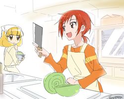  2girls blonde_hair commentary_request hino_akane_(smile_precure!) meme multiple_girls open_mouth orange_shirt precure quality_cabbage_(meme) red_hair shirt short_hair smile smile_precure tonbi yayoi_kise 