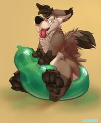  2017 4_toes anthro balloon balloon_support brown_body brown_eyes brown_fur canid canine canis claws coyote digital_media_(artwork) feet fur glistening green_eyes hi_res hindpaw inflatable inflatable_ride inflatable_support kaomoroart male mammal on_balloon open_mouth pawpads paws simple_background sitting sitting_on_balloon smile solo toe_claws toes tongue tongue_out 