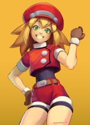  belt blonde_hair bodysuit brown_gloves cabbie_hat commentary_request cowboy_shot cropped_jacket female flat_chest gloves green_eyes grin hand_on_own_hip hat jacket long_hair mega_man_(series) mega_man_legends_(series) ohnarev red_jacket red_shorts roll_caskett_(mega_man) shorts sleeves_rolled_up smile solo spandex yellow_background 