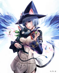  :&lt; animal_ears bad_id bad_pixiv_id blue_hair cat_ears cat_tail ears_through_headwear fantasy_earth fantasy_earth_zero feline female hat hat_ribbon heart highres holding naji_yanagida photoshop_(medium) pink_eyes ribbon short_hair smile solo sorcerer_(binoche_outfit)_(fantasy_earth_zero) sorcerer_(fantasy_earth_zero) tail witch_hat 