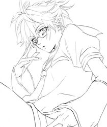  1boy commentary_request glasses greyscale hakuseki kagamine_len line_art male_focus monochrome necktie solo vocaloid 