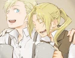  2boys alphonse_heiderich aqua_eyes bad_id bad_pixiv_id blonde_hair commentary_request conqueror_of_shambala edward_elric fullmetal_alchemist long_hair male_focus multiple_boys partial_commentary ponytail smile tame yellow_eyes 