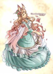  animal_ears blonde_hair blue_dress breasts character_name circlet cleavage clothes_lift collarbone commentary_request copyright_name dress dress_lift erune female flower frilled_dress frills gradient_hair granblue_fantasy green_eyes hair_flower hair_ornament highres horse_ears horse_girl leaf long_hair looking_away looking_to_the_side medium_breasts mishra multicolored_hair outline petals pink_flower pink_hair pink_rose rose smile solo standing urashimatsushima 