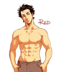  1boy abs brown_hair character_name commentary_request feriowind groin hair_slicked_back hands_in_pockets looking_to_the_side male_focus muscular nipples pokemon pokemon_sm red_(pokemon) solo topless_male 