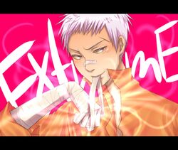  1boy bandage extreme gray_eyes grey_eyes katekyo_hitman_reborn katekyo_hitman_reborn! male male_focus orange_shirt red_background sasagawa_ryohei sasagawa_ryouhei scar shirt short_hair shueisha silver_hair solo steam text white_hair 