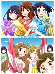  6+girls ahoge asada_nikki bare_shoulders black_hair blue_eyes bow bowtie brown_eyes brown_hair euphonium flag gloves hair_ornament hairbow hairclip hibike!_euphonium highres instrument katou_hazuki kawashima_sapphire kousaka_reina long_hair multiple_girls nase_amika official_art oumae_kumiko purple_eyes red_eyes rikka_koukou_marching_band_e_youkoso saijou_kanon saijou_mion sasaki_azusa short_hair smile trombone trumpet v 