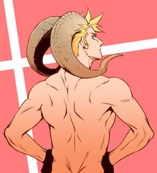  1boy axis_powers_hetalia back bare_shoulders blue_eyes commentary_request danish_flag denmark_(hetalia) flag_background from_behind gloves horns looking_back male_focus muscular rebasashi sheep_horns solo topless_male 