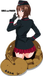  back bad_id bad_pixiv_id black_gloves black_jacket brown_eyes brown_hair commentary_request copyright_name female from_behind garrison_cap girls_und_panzer gloves hand_on_own_hip hanzaki_jirou hat insignia jacket kuromorimine_military_uniform long_sleeves looking_at_viewer looking_back military military_uniform military_vehicle miniskirt motor_vehicle nishizumi_maho photoshop_(medium) pleated_skirt red_skirt school_uniform short_hair skirt solo tank thighhighs uniform white_background zettai_ryouiki 