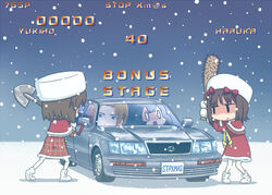  2boys 2girls akizuki_ryo amami_haruka angry baseball_bat boots bow car christmas_is_cancelled commentary_request dress fake_screenshot final_fight gameplay_mechanics hagiwara_yukiho hairbow hat idolmaster idolmaster_(classic) idolmaster_dearly_stars motor_vehicle multiple_boys multiple_girls nail nail_bat open_mouth pantyhose parody puton scared short_hair shovel snow takeda_souichi toyota_celsior vehicle_focus weapon white_legwear 