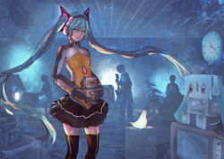  3boys aqua_hair baka2286 black_skirt black_thighhighs bodysuit clock commentary drum electric_guitar english_commentary female flat_chest gauntlets guitar hatsune_miku headgear headphones heartbeat_(module) indoors instrument lamp light long_hair looking_at_viewer multiple_boys odds_&amp;_ends_(vocaloid) photoshop_(medium) piano real_life robot silhouette sitting skirt smile solo_focus supercell_(band) television thighhighs toy twintails very_long_hair vocaloid zettai_ryouiki 