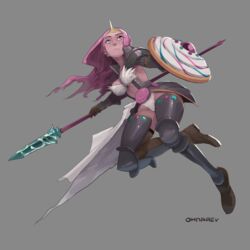  adventure_time alternate_costume armor breasts colored_skin commentary faulds female full_body gauntlets greaves grey_background humanization long_hair medium_breasts ohnarev pauldrons pink_hair pink_skin polearm princess_bonnibel_bubblegum red_eyes shield shoulder_armor showgirl_skirt solo spear thighhighs tiara weapon 