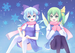  2girls blue_hair cirno commentary_request daiyousei greave_(asterism) mittens multiple_girls pantyhose scarf thighhighs touhou white_thighhighs wings 