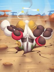  2017 3:4 3_toes animate_inanimate anthro canid canine canis cloud coyote desert digital_media_(artwork) feet foot_focus hi_res hindpaw inflatable kaomoroart living_inflatable male mammal nozzle outside pawpads paws sky solo toes 