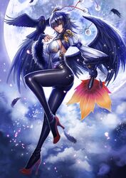  adapted_costume ass banned_artist bird black_hair black_pants black_wings bodysuit breasts cloud cloudy_sky crow detached_sleeves fan feathers from_side full_body full_moon fur_trim hair_between_eyes hat hauchiwa high_heels highres large_breasts legs looking_at_viewer looking_to_the_side low_wings moon night night_sky outdoors pants petals red_eyes red_footwear reference_work shameimaru_aya shiny shiny_clothes shoes short_hair sideboob skin_tight sky solo tokin_hat touhou wide_sleeves wings yinan_cui 