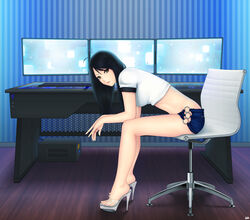  ahoge aithne_(khalitzburg) bare_legs black_hair blue_background brown_eyes commentary computer crop_top cropped_shirt display english_commentary female from_side high_heels highres indoors khalitzburg leaning_forward long_hair looking_at_viewer midriff monitor multiple_monitors no_panties o-ring o-ring_bottom original parted_lips photoshop_(medium) shirt short_shorts short_sleeves shorts solo striped striped_background vertical_stripes wall white_shirt 