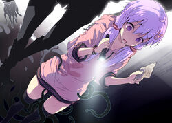  black_thighhighs blush commentary_request creepypasta empty_eyes female flashlight formal hair_ornament hood hooded_jacket hoodie imminent_rape jacket long_hair petenshi_(dr._vermilion) purple_eyes purple_hair rabbit_hair_ornament slender_man solo suit sweat tears tentacle thighhighs twintails vocaloid voiceroid yuzuki_yukari zettai_ryouiki 