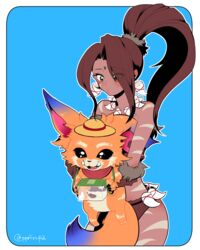  animal_ears black_sclera brown_hair carrying colored_sclera commentary_request dark_skin facial_mark fangs female gnar_(league_of_legends) green_eyes hat league_of_legends long_hair nidalee otani_(kota12ro08) ponytail straw_hat tribal 