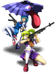  2girls alternate_costume artistic_error bad_id bad_pixiv_id battle_rifle blonde_hair blue_eyes green_eyes gun heterochromia highres junkei karakasa_obake long_hair looking_back m14 mizuhashi_parsee multiple_girls pantyhose pointy_ears ponytail purple_umbrella red_eyes rifle school_uniform shadow short_hair sterling_smg submachine_gun tatara_kogasa tongue touhou trigger_discipline umbrella weapon white_pantyhose 