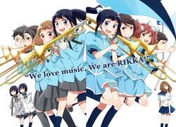  1boy 6+girls annotated asada_nikki black_hair brown_hair dual_persona flag flute hibike!_euphonium hiiragi_serina instrument koyama_momoka long_hair marching_band_baton matoba_taichi multiple_girls nase_amika oboe official_art ponytail purple_eyes red_hair rikka_koukou_marching_band_e_youkoso saijou_kanon saijou_mion sasaki_azusa school_uniform serafuku sezaki_mirai short_hair siblings togawa_shiho trombone twins uniform 