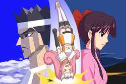  &gt;_&lt; 1boy 2girls beetle boots bow bug capelet closed_eyes commentary_request crossover elbow_gloves game_console gloves headband japanese_clothes kimono knee_boots kouchuu_ouja_mushiking low_poly multiple_crossover multiple_girls mushiking personification photoshop_(medium) pink_hair red_bow sakura_taisen sega sega_dreamcast sega_dreamcast_(sega_hard_girls) sega_hard_girls shinguuji_sakura stmk64 thighhighs twintails upside-down virtua_fighter white_capelet yuki_akira 