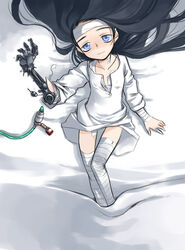  bad_id bad_pixiv_id bandages bed black_hair blue_eyes copyright_request female legs lolicon long_hair lying mechanical_arms nakamura_tetsuya photoshop_(medium) single_mechanical_arm solo 