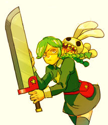  annie_(skullgirls) bad_link belt belt_pouch braid dress eyepatch female flat_chest green_hair green_skirt magical_girl noodlehead photoshop_(medium) pouch sagan_(skullgirls) short_dress skirt skullgirls solo star_(symbol) stuffed_animal stuffed_rabbit stuffed_toy sword thighhighs twin_braids unfinished weapon yellow_eyes zettai_ryouiki 