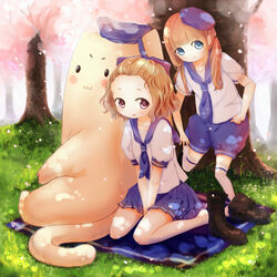  2girls :p ali_manami bad_id bad_pixiv_id blanket blue_eyes boots brown_hair cherry_blossoms feline hat long_hair multiple_girls original red_eyes ribbon shoes short_hair smile tongue tongue_out tree twintails unworn_shoes 