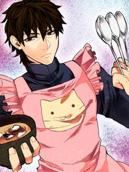  1boy apron between_fingers bowl brown_eyes brown_hair commentary_request fate/zero fate_(series) holding kotomine_kirei kotomine_kirei_(sensha_otoko) male_focus mogupen sensha_otoko solo spoon 