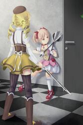  2girls absurdres bad_id bad_pixiv_id beret blonde_hair boots checkered_floor chewing_gum choker detached_sleeves door drill_hair from_behind gardening_shears gloves gun hair_ornament hairpin hat hedge_trimmer highres kaname_madoka kaname_madoka_(magical_girl) kneehighs kneepits leon_the_professional magical_girl magical_musket mahou_shoujo_madoka_magica mahou_shoujo_madoka_magica_(anime) multiple_girls no_nose parody pink_eyes pink_hair pleated_skirt polpon puffy_sleeves ribbon rifle shears shoes short_hair skirt socks sparkle striped_clothes striped_thighhighs thighhighs tomoe_mami tomoe_mami_(magical_girl) twin_drills twintails vertical-striped_clothes vertical-striped_thighhighs weapon white_gloves zettai_ryouiki 