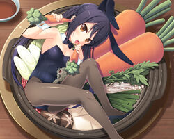  amamiya_minato animal_ears bare_shoulders black_hair black_pantyhose blush brown_eyes carrot commentary_request cooking_pot female food in_food k-on! legs long_hair lying mini_person minigirl nakano_azusa oversized_object pantyhose photoshop_(medium) playboy_bunny rabbit_ears sexually_suggestive solo ton-chan tongue turtle twintails 