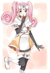  bad_id bad_pixiv_id black_gloves black_thighhighs blue_eyes boots capelet controller elbow_gloves female finger_to_mouth forehead_protector game_console game_controller gamepad gloves highres knee_boots leg_lift long_hair nyoijizai personification photoshop_(medium) pink_hair sega_dreamcast sega_dreamcast_(sega_hard_girls) sega_hard_girls shushing solo thighhighs twintails white_capelet 