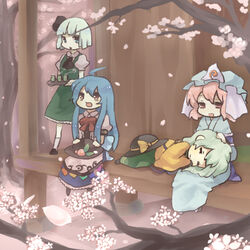  4girls ahoge bad_id bad_pixiv_id blue_eyes blue_hair blush brown_eyes cherry_blossoms closed_eyes cup dress food fruit grey_hair hairband hat hinanawi_tenshi japanese_clothes komeiji_koishi konbu_ame konpaku_youmu long_hair multiple_girls peach petals pink_eyes pink_hair saigyouji_yuyuko short_hair skirt sleeping tea touhou tray triangular_headpiece unworn_hat unworn_headwear veranda vest yunomi 