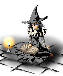  black_hair blue_eyes blush book candle demon&#039;s_souls female from_software gradient gradient_background hat long_hair robe ryuusuke_harada sitting solo souls_(from_software) witch_hat yuria_the_witch 