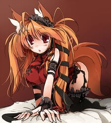  all_fours animal_ears bed black_legwear blonde_hair breasts endou_chihiro female female fox_ears fox_tail garter_belt hair_ornament highres huge_breasts long_hair original red_eyes solo tail thighhighs thighs 