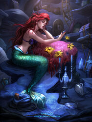  ariel_(disney) bikini bikini_top_only bottle candelabra candlestand cave clock commentary_request deviantart_username female flower fork head_rest jar long_hair mermaid monster_girl photoshop_(medium) plate red_hair rope_ladder shell shell_bikini shricka sitting smoking_pipe solo swimsuit the_little_mermaid treasure_chest wavy_hair 