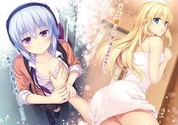  2girls ahoge alpha_(yukai_na_nakamatachi) ankoku_kishi_wo_nugasanaide ass black_legwear black_skirt blonde_hair blue_eyes blush bra breasts cleavage collarbone dress_shirt eri_(ankoku_kishi_wo_nugasanaide) floating_hair frilled_bra frills grabbing grabbing_another&#039;s_breast grey_hair grey_shirt hair_between_eyes headphones highres indoors long_hair looking_at_viewer looking_back lossy-lossless medium_breasts miniskirt multiple_girls naked_towel novel_illustration official_art open_clothes open_mouth open_shirt pink_bra pleated_skirt purple_eyes shirt sideboob skirt tanaka_neue towel underwear wet 