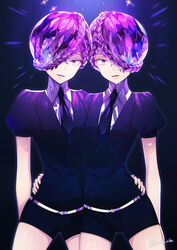  2others amethyst_(houseki_no_kuni) androgynous black_necktie braid commentary_request crystal_hair gem_uniform_(houseki_no_kuni) hair_over_one_eye hand_on_another&#039;s_hip houseki_no_kuni looking_at_viewer multiple_others necktie other_focus photoshop_(medium) purple_eyes purple_hair short_hair shorts siblings smile twins uniform yuuhi_mika 