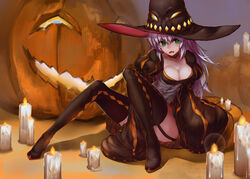  breasts cleavage dress green_eyes halloween hat oerba_yun_fang original orokanahime pumpkin purple_hair stockings thighhighs witch 