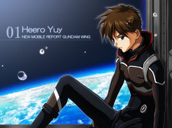  1boy blue_eyes bodysuit brown_hair character_name commentary_request copyright_name earth_(planet) gundam gundam_wing heero_yuy male_focus planet rei_(usabiba) sitting solo 